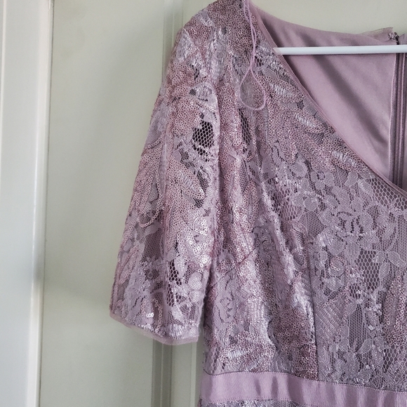 BHLDN Adrianna Papell Levi Smoky Amethyst Purple Metallic Short Sleeve Lace Gown - Picture 4 of 10
